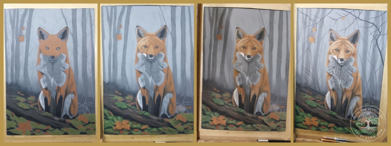 Four stages of painting a red fox in a misty woodland, showing colour blocking, fur detailing, background development, and the final Watcher of the Misty Veil artwork.